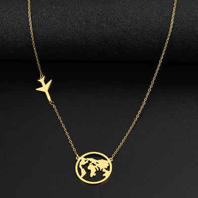 Stainless Steel Necklaces Airplane Globe Map Traveler Pendants Fashion